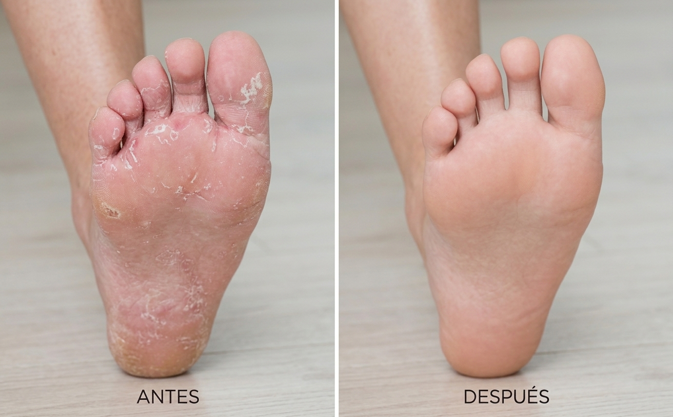 Pie de atleta: planta del pie antes y después del cuidado podológico